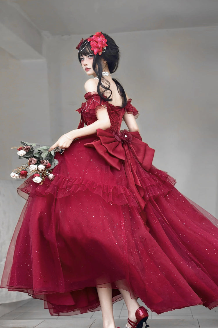 Red [Bright Stars] Off Shoulder Ruffle Bowknot Asymmetric Sweet Elegant Princess Lolita Dress