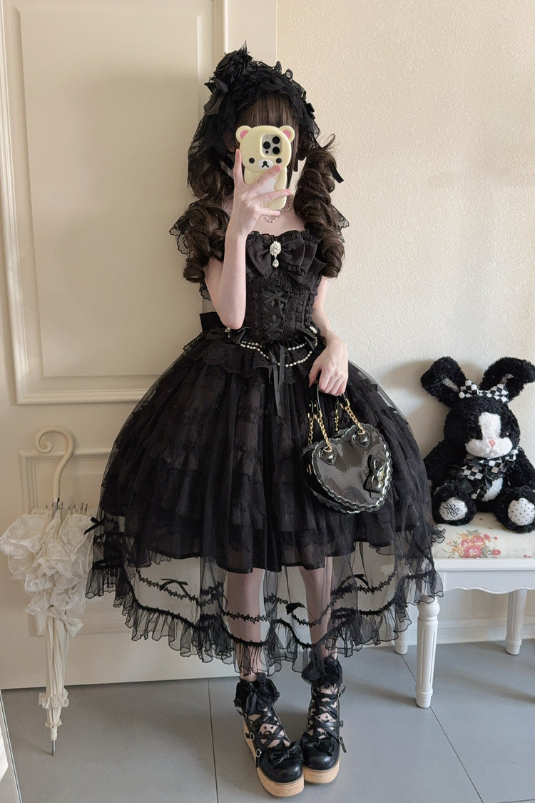 Black [Eternal Vow] Sleeveless Multi-Layered Ruffle Hanayome Bowknot Lace Lace-Up Gothic Lolita Jsk Dress