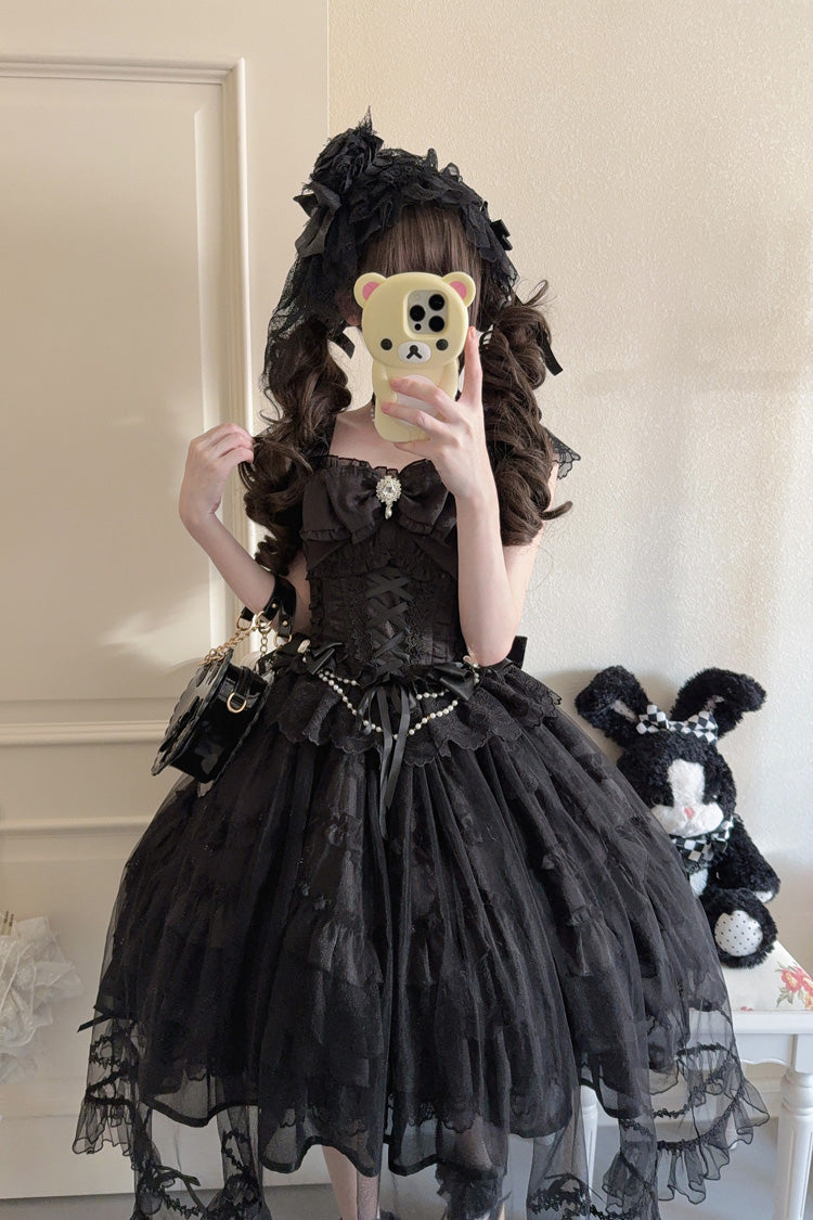 Black [Eternal Vow] Sleeveless Multi-Layered Ruffle Hanayome Bowknot Lace Lace-Up Gothic Lolita Jsk Dress