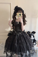 Black [Eternal Vow] Sleeveless Multi-Layered Ruffle Hanayome Bowknot Lace Lace-Up Gothic Lolita Jsk Dress