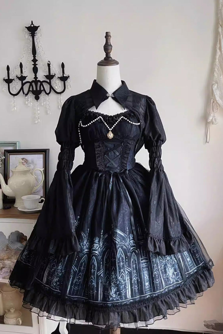Black Sleeveless Church of Silent Night Print Ruffle Gothic Lolita Jsk Dress