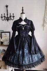 Black Sleeveless Church of Silent Night Print Ruffle Gothic Lolita Jsk Dress