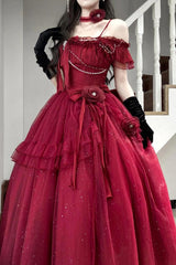 Red [Bright Stars] Off Shoulder Ruffle Bowknot Asymmetric Sweet Elegant Princess Lolita Dress