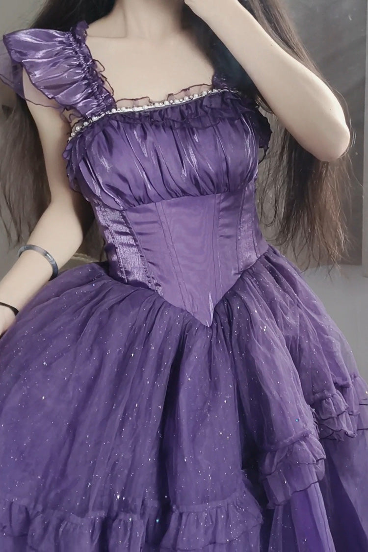 Purple [Bright Stars] Off Shoulder Ruffle Bowknot Asymmetric Sweet Elegant Princess Lolita Dress
