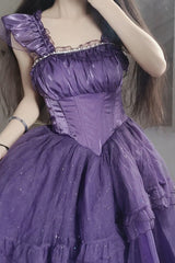 Purple [Bright Stars] Off Shoulder Ruffle Bowknot Asymmetric Sweet Elegant Princess Lolita Dress