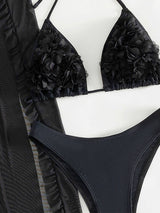 3D Flower Halter High Cut Slit Ruffle Cover Up Three Piece Bikini Set