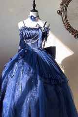Blue [Bright Stars] Off Shoulder Ruffle Bowknot Asymmetric Sweet Elegant Princess Lolita Dress