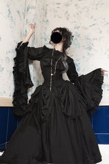 Black [Sleepwalking] Long Hime Sleeves Stitching Lace Plus Size Gothic Elegant Lolita Skirt Set