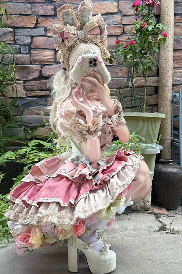 [Ribbon Dance] Multi-Layered Ruffle Bowknot Lace-Up Sweet Princess Lolita Dress 3 Colors