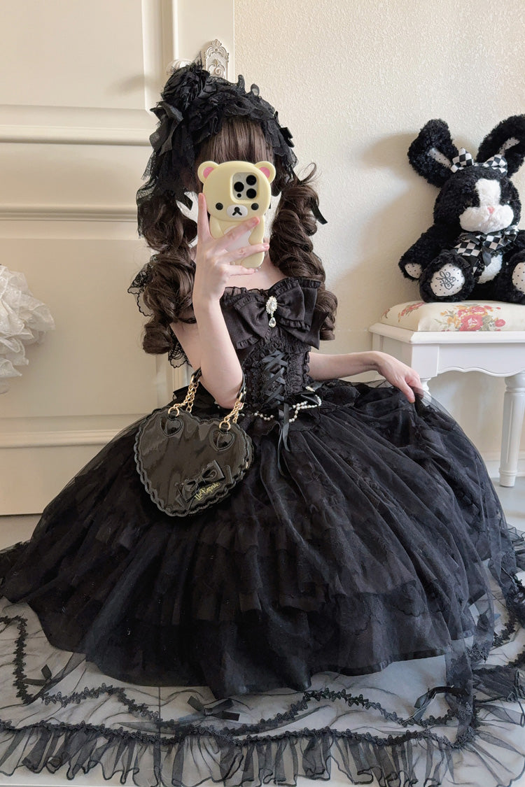 Black [Eternal Vow] Sleeveless Multi-Layered Ruffle Hanayome Bowknot Lace Lace-Up Gothic Lolita Jsk Dress
