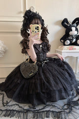 Black [Eternal Vow] Sleeveless Multi-Layered Ruffle Hanayome Bowknot Lace Lace-Up Gothic Lolita Jsk Dress