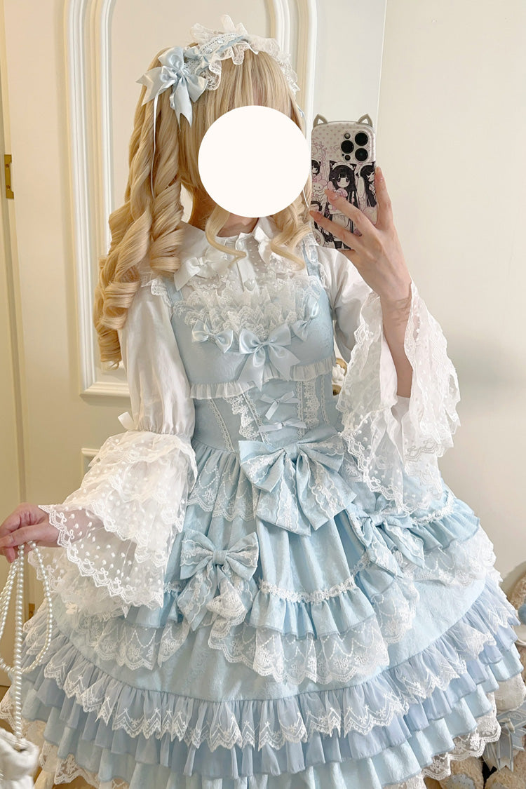 Blue Multi-Layered Ruffle Bowknot Stitching Lace Sweet Lolita Jsk Dress