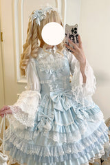 Blue Multi-Layered Ruffle Bowknot Stitching Lace Sweet Lolita Jsk Dress