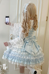Blue Multi-Layered Ruffle Bowknot Stitching Lace Sweet Lolita Jsk Dress