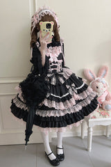Black/Pink Multi-Layered Ruffle Bowknot Stitching Lace Sweet Lolita Jsk Dress