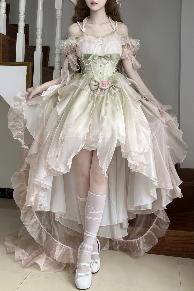 Light Pink/Green Bowknot Irregular Sweet Princess Lolita Jsk Dress