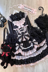 Black/Pink Multi-Layered Ruffle Bowknot Stitching Lace Sweet Lolita Jsk Dress