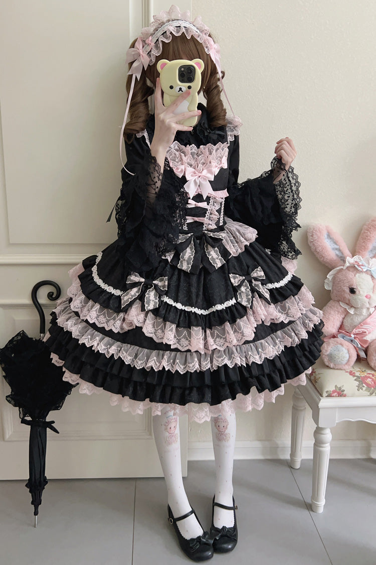 Black/Pink Multi-Layered Ruffle Bowknot Stitching Lace Sweet Lolita Jsk Dress