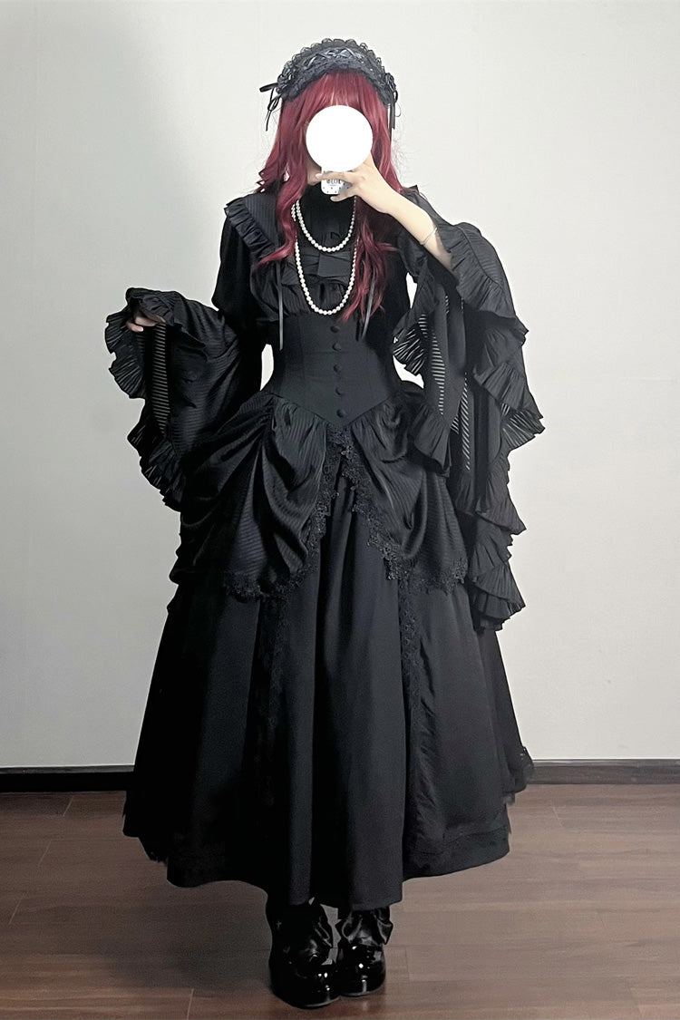 Black [Sleepwalking] Long Hime Sleeves Stitching Lace Plus Size Gothic Elegant Lolita Skirt Set
