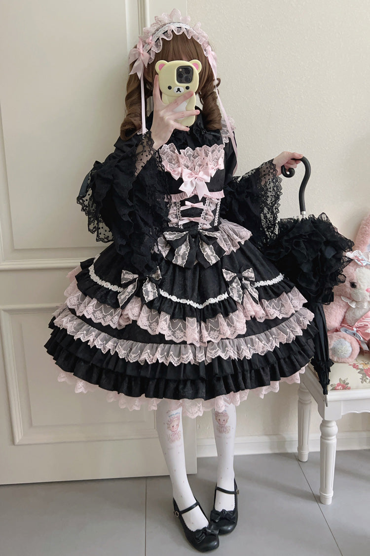 Black/Pink Multi-Layered Ruffle Bowknot Stitching Lace Sweet Lolita Jsk Dress