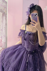 Purple [Bright Stars] Off Shoulder Ruffle Bowknot Asymmetric Sweet Elegant Princess Lolita Dress