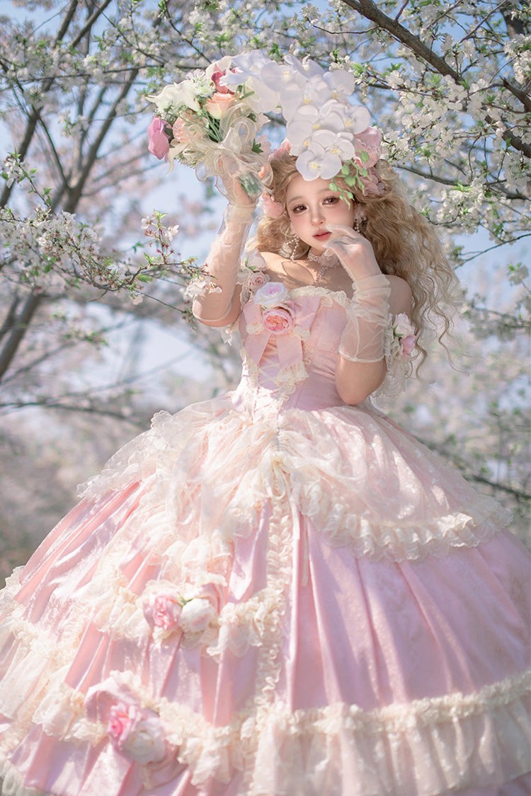Pink [Love and Roses] Ruffle Hanayome Bowknot Lace Sweet Princess Lolita Jsk Dress