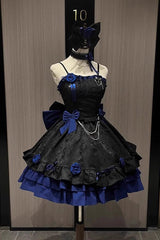 Black/Blue Print Ruffle Bowknot Gothic Princess Lolita Jsk Dress