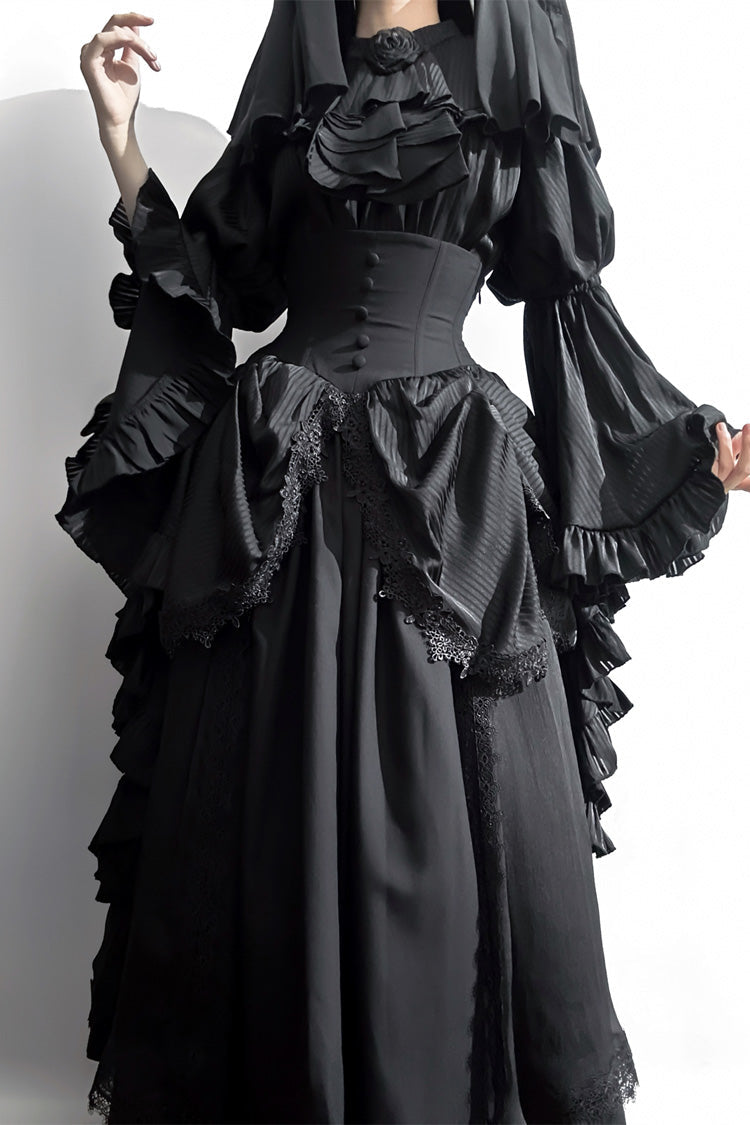 Black [Sleepwalking] Long Hime Sleeves Stitching Lace Plus Size Gothic Elegant Lolita Skirt Set
