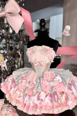 [Ribbon Dance] Multi-Layered Ruffle Bowknot Lace-Up Sweet Princess Lolita Dress 3 Colors