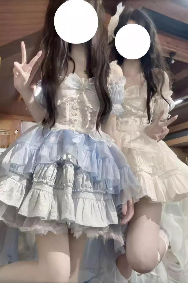 White Sleeveless Multi-layer Ruffle Bowknot Sweet Lolita Jsk Dress