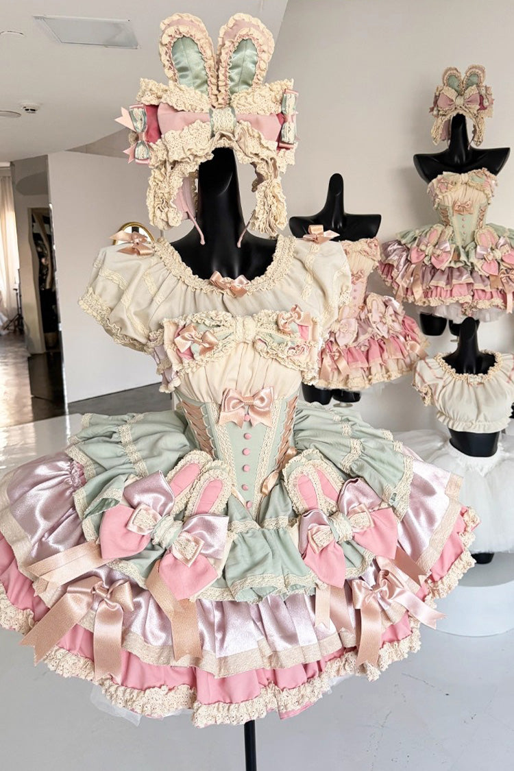 [Ribbon Dance] Multi-Layered Ruffle Bowknot Lace-Up Sweet Princess Lolita Dress 3 Colors