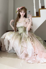 Light Pink/Green Bowknot Irregular Sweet Princess Lolita Jsk Dress