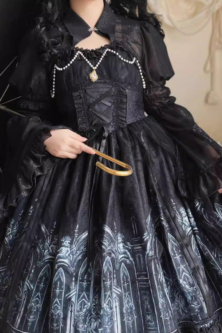 Black Sleeveless Church of Silent Night Print Ruffle Gothic Lolita Jsk Dress