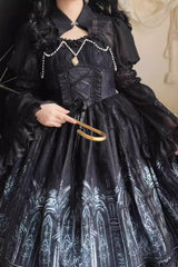 Black Sleeveless Church of Silent Night Print Ruffle Gothic Lolita Jsk Dress