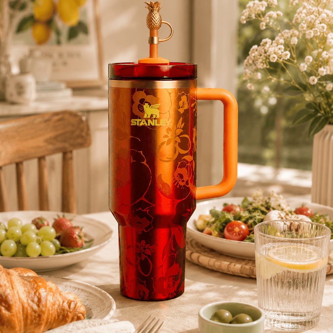 Red Stanley mug with an orange handle on a table with food and drinks.