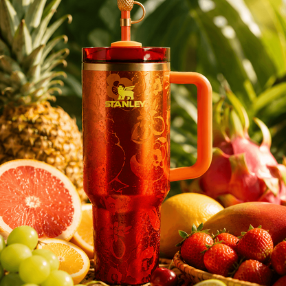 Red Stanley mug with handle surrounded by fruits on a green leafy background