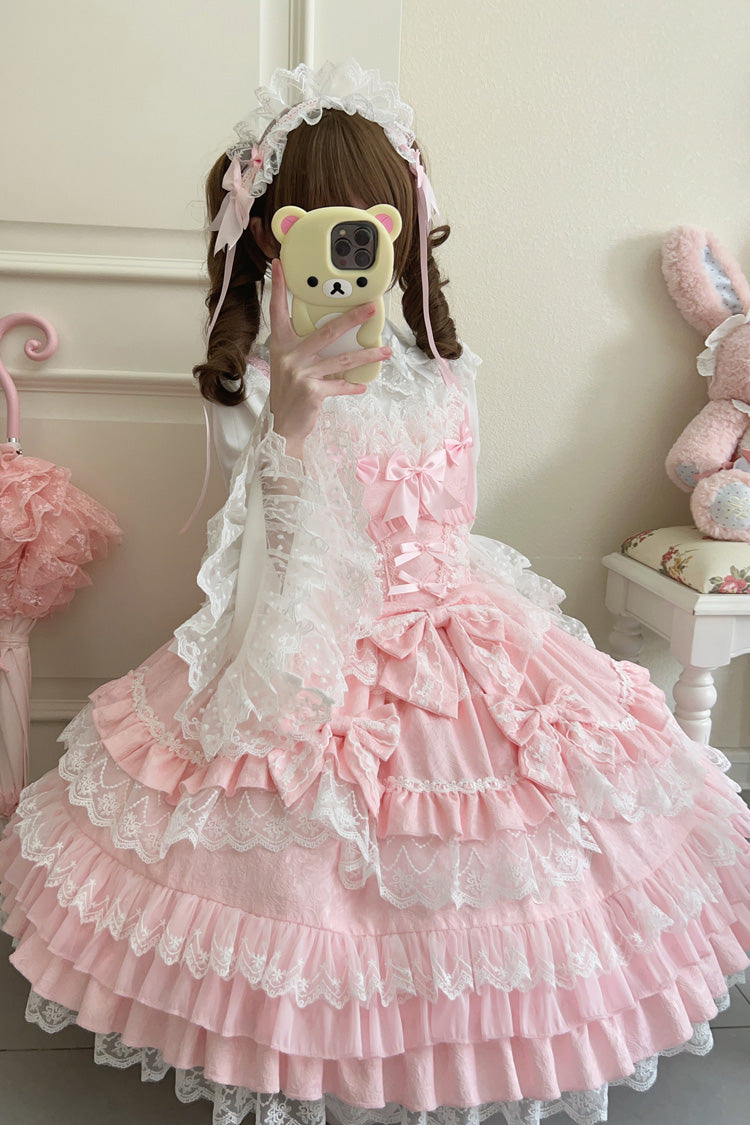 Pink Multi-Layered Ruffle Bowknot Stitching Lace Sweet Lolita Jsk Dress