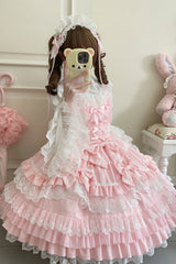 Pink Multi-Layered Ruffle Bowknot Stitching Lace Sweet Lolita Jsk Dress
