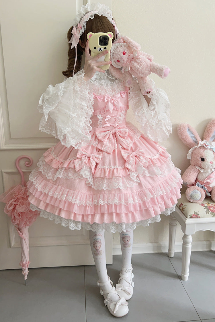 Pink Multi-Layered Ruffle Bowknot Stitching Lace Sweet Lolita Jsk Dress
