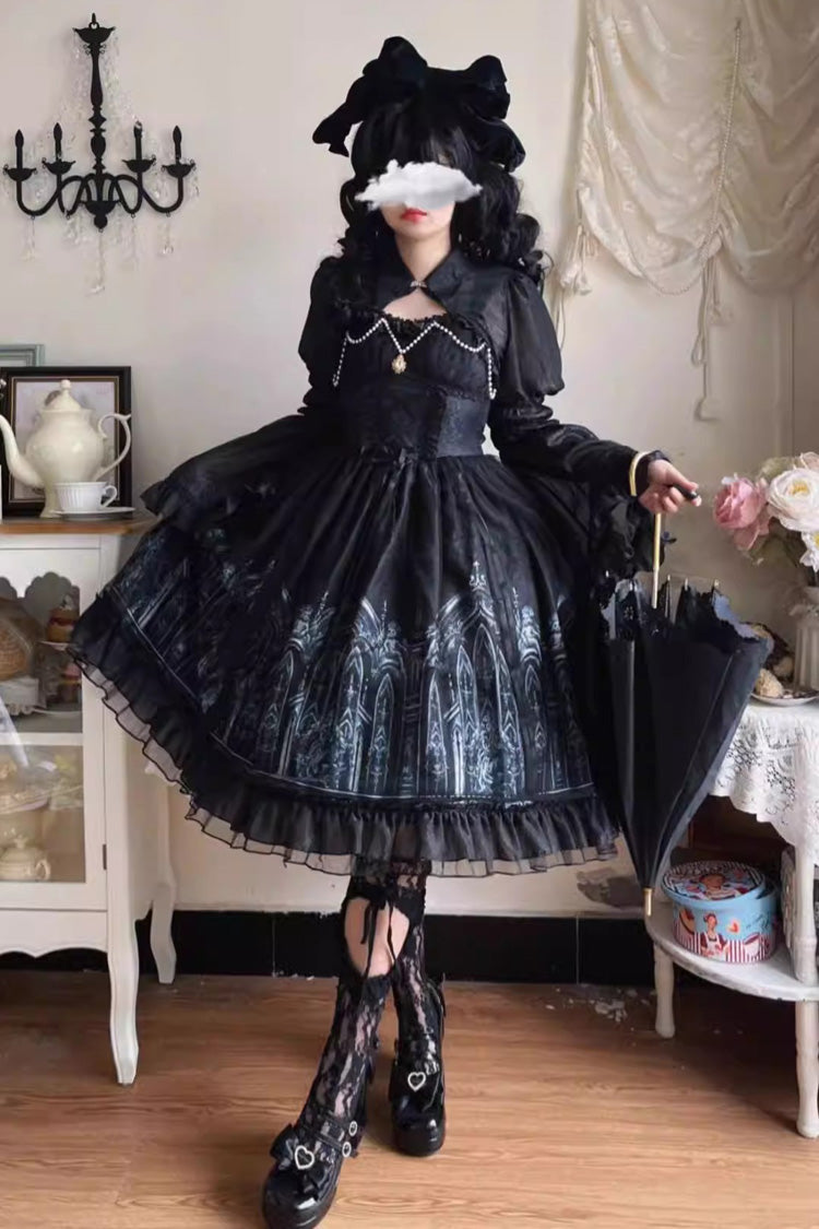 Black Sleeveless Church of Silent Night Print Ruffle Gothic Lolita Jsk Dress