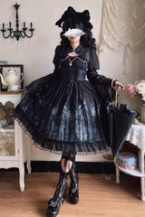 Black Sleeveless Church of Silent Night Print Ruffle Gothic Lolita Jsk Dress