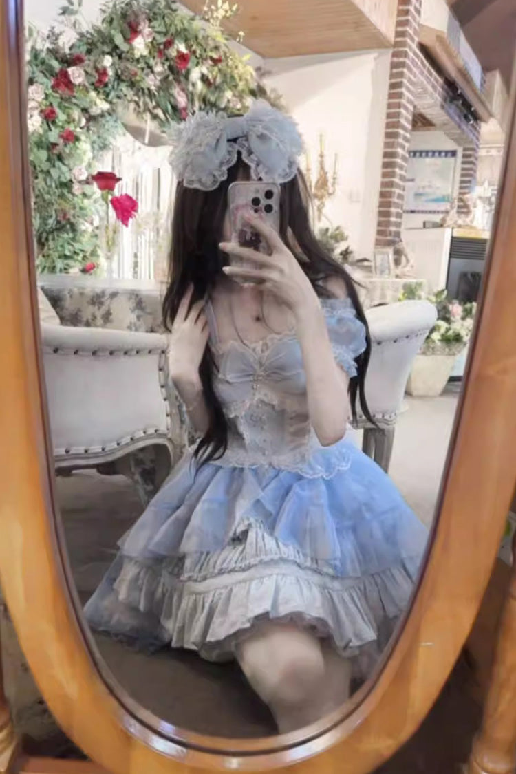 White Sleeveless Multi-layer Ruffle Bowknot Sweet Lolita Jsk Dress
