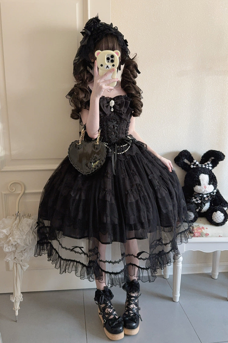 Black [Eternal Vow] Sleeveless Multi-Layered Ruffle Hanayome Bowknot Lace Lace-Up Gothic Lolita Jsk Dress