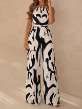 Abstract Contrast Print High Neck Sleeveless Resort Wide Leg Jumpsuits