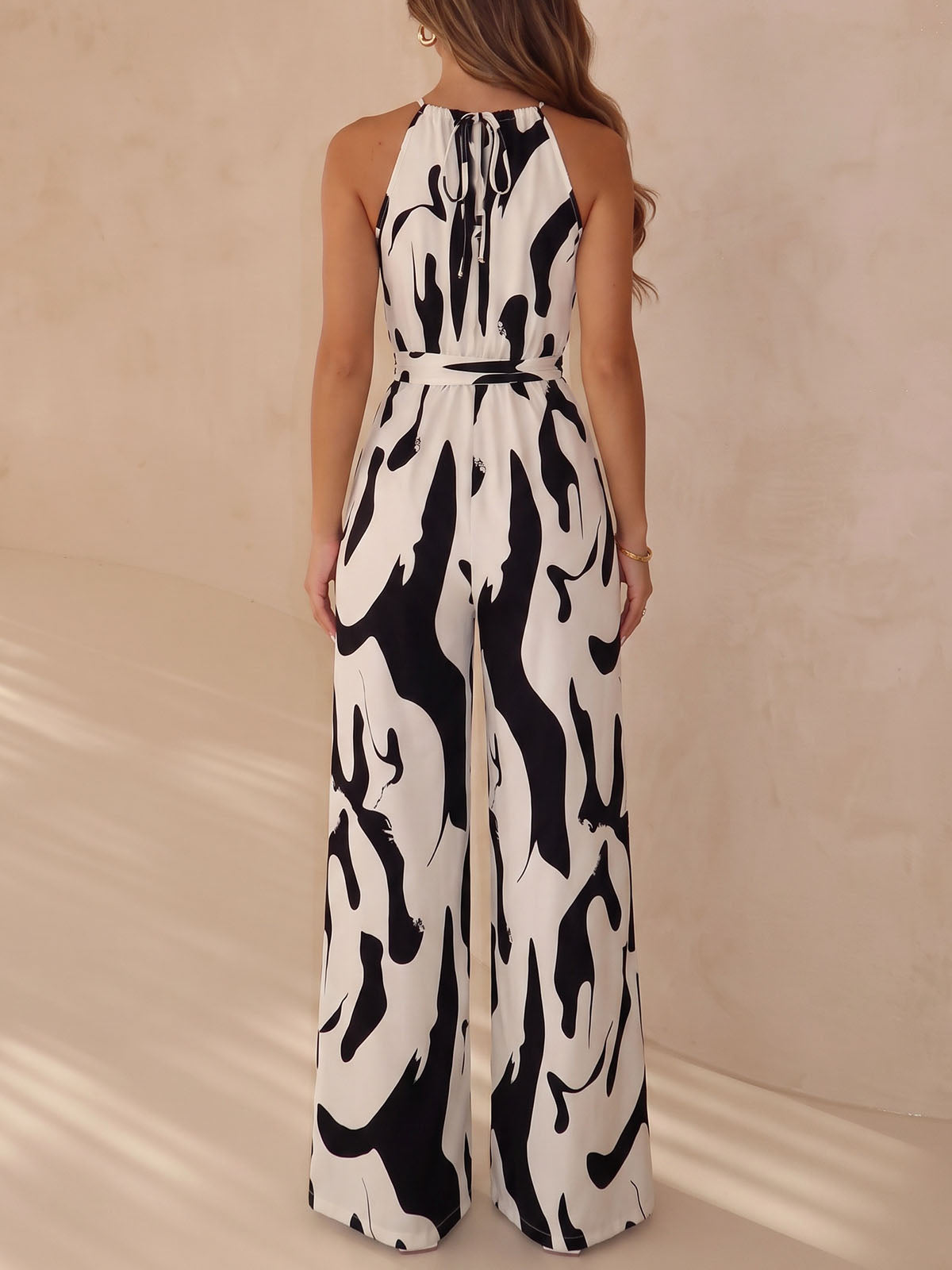 Abstract Contrast Print High Neck Sleeveless Resort Wide Leg Jumpsuits