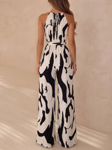Abstract Contrast Print High Neck Sleeveless Resort Wide Leg Jumpsuits
