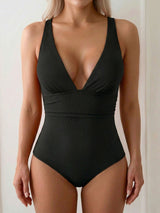 Active Deep V Wide Strap Ruched Trim Moderate One Piece Swimsuit