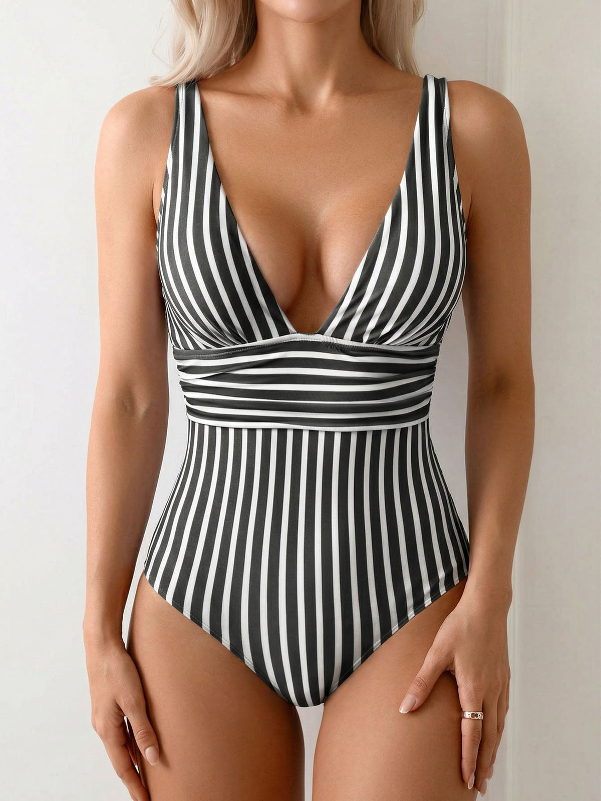 Active Deep V Wide Strap Ruched Trim Moderate One Piece Swimsuit
