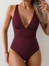 Active Deep V Wide Strap Ruched Trim Moderate One Piece Swimsuit