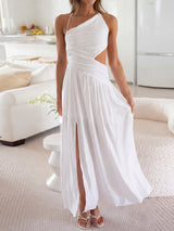Asymmetrical Cutout Tie Back Ruched Resort High Slit Midi Sundress